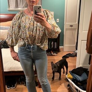 THE GREAT. Cream Yellow Green Floral Cotton Smock Long Sleeve Blouse 2 Medium